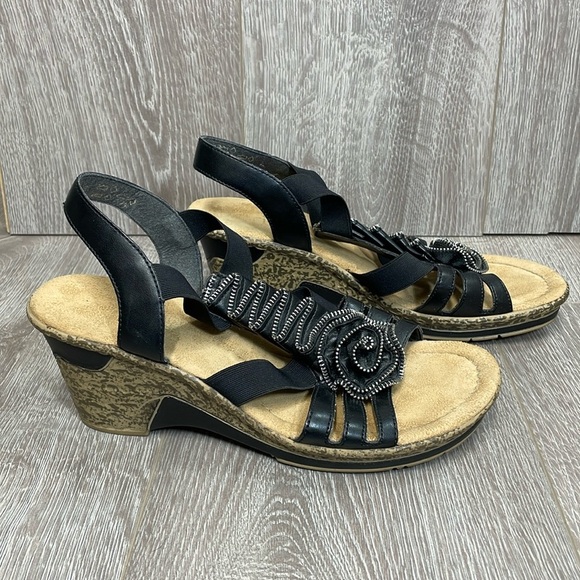 Rieker Antistress Black Leather Strappy Wedge Sandal Zipper Rosette 41 (US 9) - Picture 1 of 16